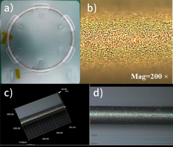 图2 金属涂层光纤a）实物照片；b）光学照片；c）光学显微镜测量光纤几何尺寸；d）金属涂层表面粗糙度测量_副本.jpg